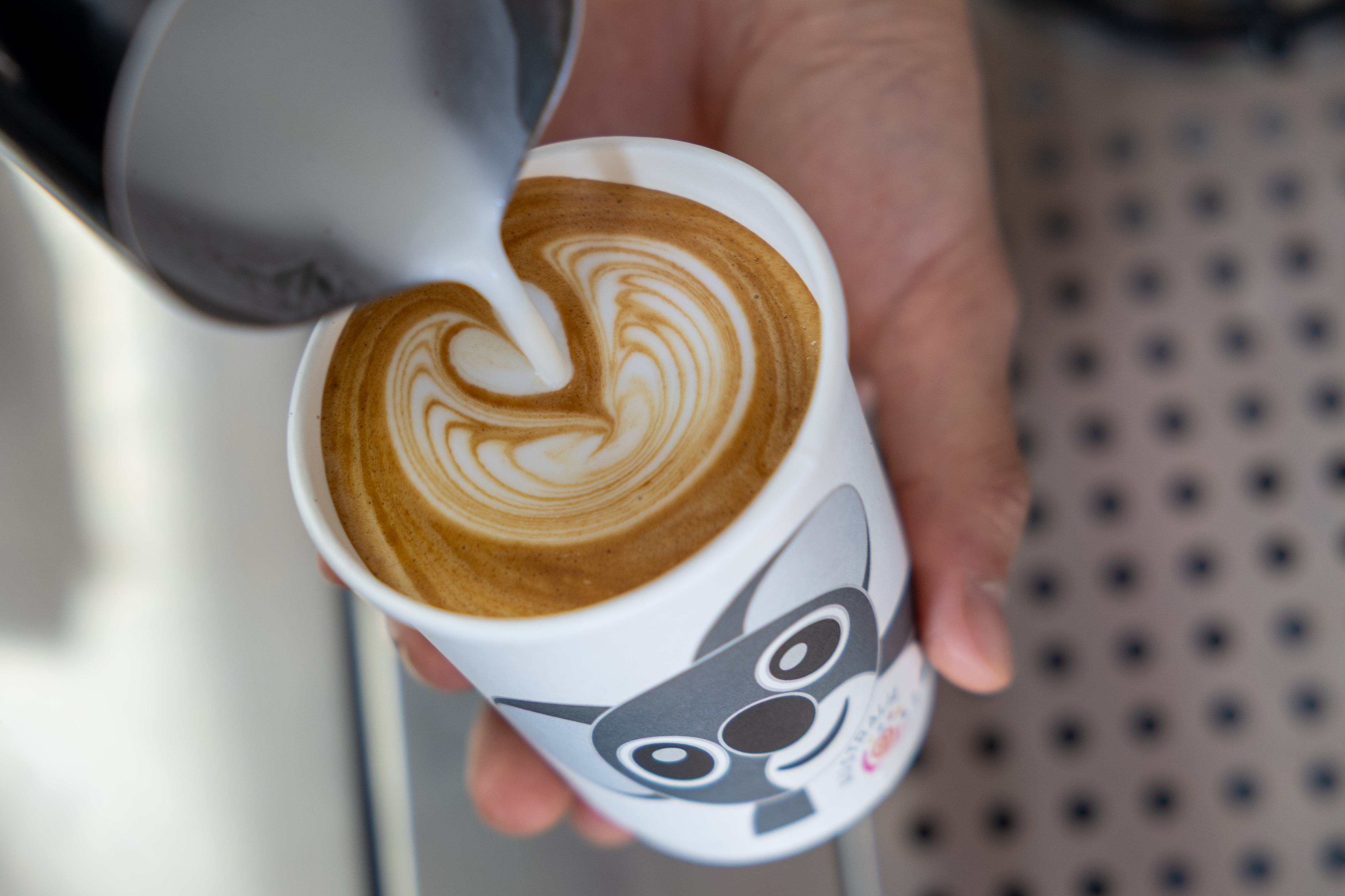 A flat white being made. Milk being poured into a Koko Koala themed coffee cup.