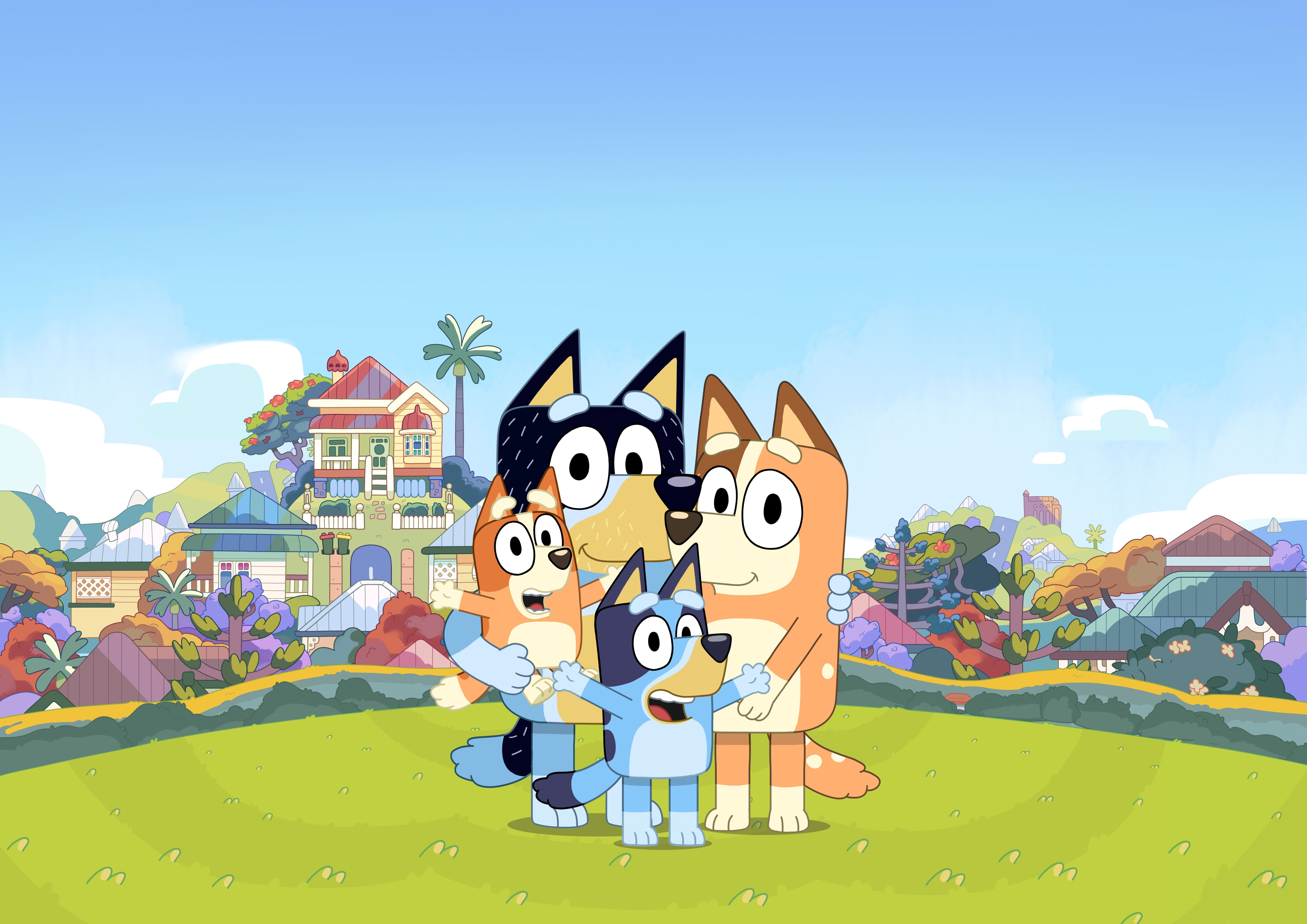 Title card featuring Bluey and family