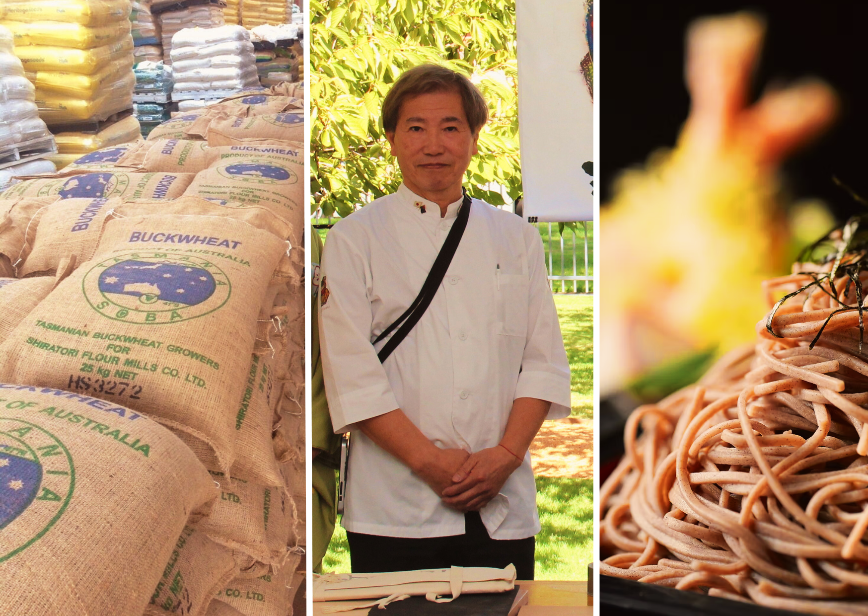 A side by side image of Tasmanian buckwheat in bags, Mr Soichi Torikura, and a plate of soba noodles.